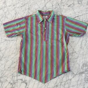 Vintage 70’s Colorful Striped Short-Sleeve Button Polo Shirt Sz 8/10 Cotton